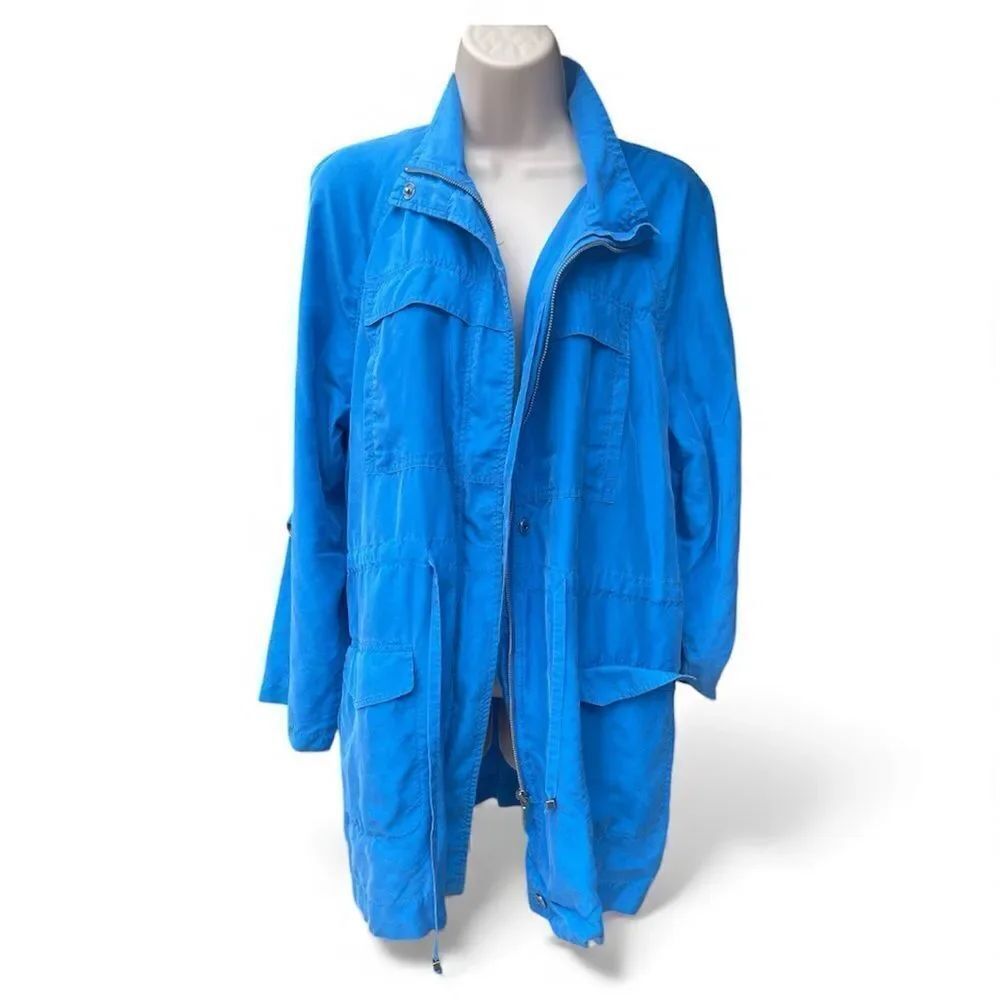 Chico's 100% Silk Light Vibrant Blue Utility Jacket pockets Bottomdown